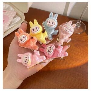 6 PCs Cute Mini Fuzzy Labubu Bunny Hair Clips for Kids Party Gift Pastel Colors
